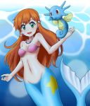  1girl :d blue_eyes breasts breath collarbone commentary_request creatures_(company) earrings eld_(ljhlee12) game_freak gen_1_pokemon highres horsea jewelry kasumi_(pokemon) long_hair looking_at_viewer mermaid monster_girl navel necklace nintendo open_mouth orange_hair pink_bikini_top pokemon pokemon_(anime) pokemon_(classic_anime) small_breasts smile solo underwater 