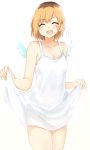  1girl :d blonde_hair blue_wings blush breasts brown_hair cleavage collarbone covered_navel cowboy_shot dress dress_lift eyes_closed feathered_wings lifted_by_self miyamori_aoi multicolored_hair open_mouth see-through_silhouette shirobako short_dress short_hair short_wings simple_background sleeveless sleeveless_dress small_breasts smile solo speech_bubble standing sundress tahita1874 two-tone_hair white_background white_dress wings 