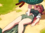  2girls ^_^ bangs bare_legs barefoot beret bow braid breasts cat_tail closed_eyes commentary dress eyebrows_visible_through_hair eyes_closed feet_out_of_frame grass green_bow green_dress green_headwear green_skirt green_vest hair_bow hat hong_meiling kaenbyou_rin large_breasts lying multiple_girls multiple_tails on_back outdoors pelvic_curtain puffy_short_sleeves puffy_sleeves red_hair shadow shirosato shirt short_sleeves side_slit skirt skirt_set star stepped_on tail thighs touhou twin_braids two_tails vest walking white_shirt 