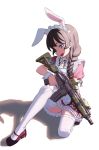  1girl alternate_costume animal_ears assault_rifle blue_eyes braid brown_hair bunny_ears commentary enmaided gun highres higuchi_kaede hironii_(hirofactory) holding holding_gun holding_weapon maid maid_headdress mary_janes nijisanji one_knee rifle shadow shoes sideways_mouth solo thighhighs trigger_discipline tsukino_mito virtual_youtuber weapon weapon_request white_background white_legwear wrist_cuffs 