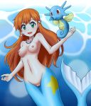  1girl :d areolae blue_eyes breasts breath collarbone commentary_request creatures_(company) earrings eld_(ljhlee12) game_freak gen_1_pokemon highres horsea jewelry kasumi_(pokemon) long_hair looking_at_viewer mermaid monster_girl navel necklace nintendo nipples open_mouth orange_hair pokemon pokemon_(anime) pokemon_(classic_anime) pussy small_breasts smile solo topless underwater 