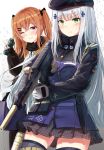  2girls assault_rifle bangs beret blunt_bangs blush breasts brown_hair eyebrows_visible_through_hair facial_mark fingerless_gloves flashbang girls_frontline gloves green_eyes gun h&amp;k_hk416 hair_between_eyes hair_ornament hairclip hat heckler_&amp;_koch highres hk416_(girls_frontline) holding holding_grenade holding_gun holding_weapon jacket karo-chan long_hair looking_at_viewer medium_breasts multiple_girls one_eye_closed pantyhose red_eyes ribbon rifle scar scar_across_eye shirt silver_hair skirt smile teardrop twintails ump9_(girls_frontline) v-shaped_eyebrows very_long_hair weapon 