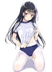  1girl :o black_hair blue_buruma blush breasts buruma commentary_request covered_navel eyebrows_visible_through_hair full_body gym_shirt gym_uniform hair_ornament hairclip head_tilt highres kneeling kobayashi_chisato lifted_by_self long_hair looking_at_viewer original pantyhose pantyhose_under_buruma parted_lips purple_eyes shiny shiny_hair shirt shirt_lift short_sleeves simple_background small_breasts solo straight_hair thighband_pantyhose torn_clothes torn_legwear very_long_hair white_background white_legwear white_shirt 