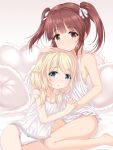  2girls :o bangs bare_arms bare_legs bare_shoulders barefoot bed_sheet blonde_hair blush bow bow_panties breasts brown_eyes brown_hair camisole cleavage closed_mouth collarbone commentary_request eyebrows_visible_through_hair fingernails frilled_pillow frills green_eyes hair_between_eyes hair_bow hand_holding hand_on_another&#039;s_head heart heart_pillow highres idolmaster idolmaster_cinderella_girls interlocked_fingers long_hair multiple_girls ogata_chieri panties parted_lips pillow sitting small_breasts smile strap_slip twintails u2_(5798239) underwear wariza white_bow white_camisole white_panties yusa_kozue 