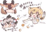 &gt;_&lt; 3girls ^_^ animal_ear_fluff animal_ears bangs bird_wings black_hair blonde_hair blush_stickers brown_hair cheetah_(kemono_friends) cheetah_ears cheetah_tail chibi closed_eyes commentary_request eating extra_ears eyebrows_visible_through_hair eyes_closed face fang food furrowed_eyebrows gloves greater_roadrunner_(kemono_friends) green_hair hair_tubes head_wings holding horns kemono_friends light_brown_hair long_hair medium_hair motion_lines multicolored_hair multiple_girls open_mouth pronghorn_(kemono_friends) shirt sidelocks simple_background tanaka_kusao throwing translation_request tsurime v-shaped_eyebrows white_background white_hair wings yellow_eyes 