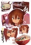 &gt;_&lt; 1girl absurdres blowing bowl bright_pupils brown_hair champon commentary_request cooking eyebrows_visible_through_hair eyes_closed folded_ponytail food frying_pan hair_between_eyes happy heart highres holding holding_ladle inazuma_(kantai_collection) kaamin_(mariarose753) kantai_collection ladle long_hair long_sleeves open_mouth outline outside_border school_uniform serafuku smile tasting translation_request v-shaped_eyebrows white_pupils white_serafuku yellow_eyes 