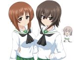  3girls aikir_(jml5160) black_eyes black_hair black_neckwear blue_eyes blush breasts brown_eyes brown_hair closed_mouth eyebrows eyebrows_visible_through_hair girls_und_panzer green_skirt hand_on_another&#039;s_hip hand_on_hip highres itsumi_erika looking_at_viewer medium_breasts monochrome_background multiple_girls neckerchief nishizumi_maho nishizumi_miho ooarai_school_uniform school_uniform shiny shiny_hair shiny_skin short_hair siblings simple_background sisters skirt white_background yuri 