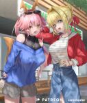  2girls absurdres ahoge animal_ear_fluff animal_ears bangs blonde_hair blue_skirt blue_sweater blush braid breasts buttons coffee_cup contemporary cup disposable_cup eyewear_on_head fate/extra fate_(series) fox_ears fox_girl fox_tail french_braid green_eyes grey_shorts hair_between_eyes hair_bun hair_intakes highres jacket jewelry kamehito large_breasts long_hair looking_at_viewer multiple_girls necklace nero_claudius_(fate) nero_claudius_(fate)_(all) off-shoulder_sweater off_shoulder open_mouth pink_hair red_jacket shirt shorts sidelocks skirt smile sunglasses sweater tail tamamo_(fate)_(all) tamamo_no_mae_(fate) white_shirt yellow_eyes 