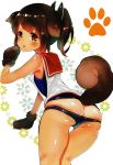  1girl animal_ears ass blush brown_eyes brown_hair dog_ears dog_paws dog_tail floral_background hair_ornament highres i-401_(kantai_collection) kantai_collection kemonomimi_mode leaning_forward looking_at_viewer open_mouth paw_background paws ponytail school_swimsuit short_hair solo standing suzuho_hotaru swimsuit tail tan tanline twitter_username 