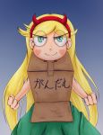  1girl blonde_hair blue_eyes cardboard_box_gundam clenched_hands commentary_request dress facial_mark green_dress hairband heart horned_headwear long_hair looking_at_viewer nipaoekaki parody smile solo star_butterfly star_vs_the_forces_of_evil translated very_long_hair 