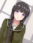  1girl bangs black_hair black_neckwear blunt_bangs braid dated dutch_angle eyebrows_visible_through_hair green_serafuku highres kantai_collection kitakami_(kantai_collection) long_hair looking_at_viewer neckerchief purple_eyes saplus sidelocks single_braid solo twitter_username upper_body 