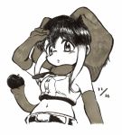  2018 5_fingers african_bush_elephant_(kemono_friends) animal_humanoid apple appleq armwear belt big_ears biped blush breasts bucket button_(fastener) clothed clothing crop_top denim elbow_gloves elephant_humanoid eyebrow_through_hair eyebrows female floppy_ears food front_view frown fruit fully_clothed gloves hair half-length_portrait hand_on_head hatching_(technique) hi_res holding_food holding_object humanoid humanoid_hands japanese kemono_friends looking_at_viewer mammal marker_(artwork) midriff monochrome navel necktie open_frown open_mouth plant pockets portrait proboscidean proboscidean_humanoid raised_arm scarf shadow shirt short_hair simple_background small_breasts small_waist solo standing surprise topwear traditional_media_(artwork) translucent translucent_hair trunk trunk_hold white_background 