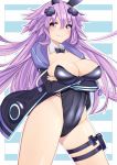  1girl adult_neptune animal_ears arms_under_breasts breasts bunny_ears bunnysuit covered_navel d-pad d-pad_hair_ornament dura eyebrows_visible_through_hair hair_between_eyes hair_ornament highres holster large_breasts long_hair long_sleeves looking_at_viewer neptune_(series) pantyhose purple_eyes purple_hair shin_jigen_game_neptune_vii smile solo thigh_holster 