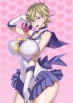  1girl :d bare_shoulders bishoujo_senshi_sailor_moon blonde_hair blue_choker blue_sailor_collar bow breasts choker commentary covered_navel crescent crescent_earrings earrings gloves heart heart_background honjou_raita huge_breasts jewelry looking_at_viewer open_mouth purple_eyes sailor_collar sailor_senshi_uniform sailor_uranus short_hair skirt smile solo sweat sweatdrop ten&#039;ou_haruka valentine very_short_hair white_gloves yellow_bow 