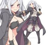  1girl angry bangs black_footwear black_gloves blush boots breasts cape cleavage commentary_request covering covering_breasts eyes_visible_through_hair fire_emblem fire_emblem:_kakusei fire_emblem_heroes gimurei gloves hood jacket large_breasts long_hair long_sleeves looking_at_viewer multiple_views my_unit_(fire_emblem:_kakusei) naked_cape navel nintendo nude parted_bangs red_eyes shirt shiseki_hirame simple_background skirt teeth translation_request twintails white_background white_legwear white_shirt 