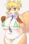  anthro belly big_breasts bikini breasts canid canine clothed clothing eigetsu female kemono mammal nipple_outline skimpy slightly_chubby solo sweat swimwear thick_thighs voluptuous wide_hips 
