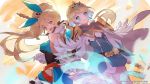  2017 2girls aqua_eyes armor bare_back bare_shoulders blonde_hair breasts closed_mouth commentary copyright_name cygames dragalia_lost elisanne fire_emblem fire_emblem_heroes fjorm_(fire_emblem_heroes) gloves gradient_hair long_hair long_ponytail looking_at_viewer medium_breasts multicolored_hair multiple_girls nintendo official_art open_mouth ponytail purple_eyes short_hair smile very_long_hair white_gloves white_hair 