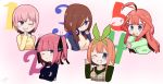  blue_eyes blush brown_hair chibi food go-toubun_no_hanayome headband headphones kujou_karasuma long_hair nakano_ichika nakano_itsuki nakano_miku nakano_nino nakano_yotsuba pink_hair red_hair short_hair signed twintails wink 