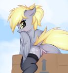  2019 blush box clitoris derpy_hooves_(mlp) equid equine female feral friendship_is_magic hair looking_at_viewer mammal my_little_pony outside pterippus pussy pussy_juice solo twiren 