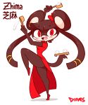  2019 anthro biped black_ears black_fur black_hair black_tail chinese_clothing chinese_dress clothing digital_media_(artwork) diives dress female food fur hair hi_res long_hair looking_at_viewer mammal open_mouth open_smile pink_tongue red_eyes rice_ball rodent signature simple_background smile solo species_request tongue white_background zhima 