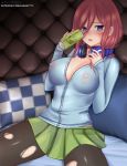  1girl bangs blue_cardigan blue_eyes blush breasts brown_hair can commentary_request couch covered_nipples drinking go-toubun_no_hanayome green_skirt hair_between_eyes headphones headphones_around_neck hina_kitty large_breasts long_hair long_sleeves looking_at_viewer nakano_miku open_mouth pantyhose pillow pleated_skirt see-through shirt skirt soda_can solo sweat torn_clothes torn_legwear unbuttoned unbuttoned_shirt 