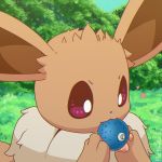  &lt;3 1:1 ambiguous_gender animated brown_eyes brown_fur chest_tuft ears_up eevee fluffy food fruit fur grass hi_res long_ears loop nibbling nintendo outside pawpads pink_pawpads plant plattyneko pok&eacute;mon pok&eacute;mon_(species) solo tree tuft video_games 