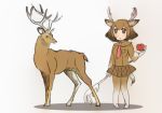  2019 animal_humanoid antlers apple biped blush bottomwear brown_body brown_bottomwear brown_clothing brown_eyes brown_hair brown_shirt brown_skirt brown_tail brown_theme brown_topwear capreoline cervid cervid_humanoid clothing curious digital_drawing_(artwork) digital_media_(artwork) duo eye_contact eyelashes female feral food footwear frown fruit full-length_portrait hair hairclip hatching_(technique) holding_food holding_object horn humanoid iceeye_ena japanese kemono_friends knock_kneed legwear light_skin looking_at_another low_res male mammal melee_weapon mule_deer mule_deer_(kemono_friends) necktie open_frown open_mouth plant pleated_skirt polearm portrait quadruped shadow shirt shoes short_hair short_tail simple_background skirt socks standing tan_skin thigh_highs thigh_socks topwear weapon white_background white_horn 