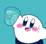 amedama_(akaki_4207) aqua_background blue_eyes cup holding holding_cup kirby kirby_(series) liquid looking_at_viewer nintendo no_humans open_mouth simple_background smile sweatdrop 
