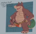  2019 absurd_res anthro balls bulge clothed clothing crash_bandicoot_(series) crocodilian dialogue dingodile english_text foreskin fur hi_res humanoid_penis hybrid male mammal naughty_dog open_mouth pecs penis reptile scalie simple_background solo sony_corporation sony_interactive_entertainment spectral-bat speedo swimwear talking_to_viewer teeth text topless uncut video_games 