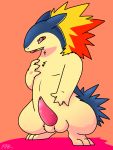  balls erection feeling fur hi_res male nintendo orange_background penis pink_penis pok&eacute;mon pok&eacute;mon_(species) rubbing simple_background solo stakota tapering_penis typhlosion video_games 