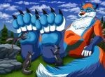  2019 4_toes 5_fingers ambiguous_gender anthro anthro_on_feral bestiality black_fur black_nose blue_eyes blue_fur blue_pawpads canid canine canis chest_tuft claws cloud digital_media_(artwork) feral fluffy fluffy_tail foot_fetish foot_lick forest fur furrypur grass group hair_tuft half-closed_eyes hi_res licking looking_at_another looking_down low-angle_view lying macro mammal micro multicolored_fur multicolored_tail nature nude nurko on_back outside pawpads paws presenting presenting_paws red_fur rock saliva sitting size_difference sky three-quarter_view toe_claws toes tongue tongue_out tree tuft ursid white_fur wolf 