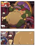  2018 belly big_belly blush cake cape cephalo chair clothing crocodilian crown donkey_kong_(series) food group hi_res king_k._rool kremlling male navel nintendo nipples obese obese_male ogling open_mouth open_smile outie_navel overweight overweight_male piercing reptile scalie shaking sitting size_difference smile sparkles throne trembling video_games 