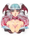  1girl aqua_eyes aqua_hair bangs blunt_bangs breasts cropped_torso eyebrows_visible_through_hair feather_trim gradient_hair head_wings highres inktober large_breasts long_hair morrigan_aensland multicolored_hair mynare parted_lips pink_hair simple_background solo traditional_media upper_body vampire_(game) white_background 