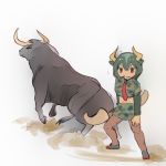  1:1 2019 5_fingers animal_humanoid aurochs aurochs_(kemono_friends) aurochs_humanoid biped black_tail bottomwear bovid bovid_humanoid bovine bovine_humanoid brown_eyes clothing crop_top curved_horn digital_drawing_(artwork) digital_media_(artwork) duo dusk faceless_male female feral fighting_stance footwear frown green_hair grey_body hair hand_on_leg hatching_(technique) holding_object holding_weapon hooves horn humanoid iceeye_ena japanese kemono_friends larger_feral larger_male legwear light_skin male mammal melee_weapon midriff muscular muscular_feral muscular_male necktie on_hind_legs open_mouth open_smile polearm quadruped rear_view shirt shoes short_hair simple_background size_difference skirt smaller_female smaller_humanoid smile smirk smug snout standing tail_tuft tan_skin tights topwear tuft weapon white_background yellow_horn 