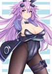  1girl adult_neptune animal_ears arms_under_breasts black_legwear breasts bunny_ears bunnysuit covered_navel d-pad d-pad_hair_ornament dura eyebrows_visible_through_hair hair_between_eyes hair_ornament highres holster large_breasts long_hair long_sleeves looking_at_viewer neptune_(series) pantyhose purple_eyes purple_hair shin_jigen_game_neptune_vii smile solo thigh_holster 