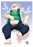  2019 anthro belly blue_eyes blush clothed clothing exe_exem eyewear glasses humanoid_hands leib_(tas) male mammal navel open_shirt overweight overweight_male pants polar_bear shirt sitting solo tokyo_afterschool_summoners topwear underwear ursid ursine video_games 