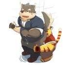  2019 absurd_res anthro belly bhtoss blush butt canid canine canis clothing cute_fangs domestic_dog duo felid fundoshi hi_res humanoid_hands japanese_clothing male male/male mammal moritaka overweight overweight_male pantherine pants shirt tiger tokyo_afterschool_summoners topwear underwear video_games 