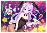  aliasing animal_ears blush bodysuit bow breasts bunny_ears bunnygirl cleavage drink erect_nipples gradient long_hair original pantyhose purple_eyes purple_hair shiwasu_horio tail waitress wristwear 