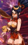  1girl absurdres ass black_hair bracer breasts china_dress chinese_clothes chinese_new_year cleavage_cutout crescent dress ears eyebrows firecracker_vayne glasses hair_ornament hair_tie highres kyoffie12 league_of_legends lipstick looking_at_viewer makeup medium_breasts microdress nose pelvic_curtain ponytail ribbon rope shauna_vayne signature skindentation solo thick_thighs thighhighs thighs tied_hair yellow_eyes 