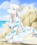  absurd_res anthro bikini blue_bikini blue_bottomwear blue_clothing blue_eyes blue_scales blue_sky blue_topwear bottomwear breasts cleavage clothed clothing cloud dragon female hair hi_res horn kneeling looking_at_viewer multicolored_scales nakamula navel outside scales scalie sea skimpy sky solo swimwear toes topwear water white_hair wings 