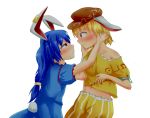  2girls animal_ears blonde_hair blue_dress blue_hair blush breasts brown_headwear bunny_ears bunny_tail cowboy_shot crop_top dress ear_clip eye_contact eyebrows_visible_through_hair flat_cap from_side frown hair_between_eyes hand_in_another&#039;s_hair hands_on_another&#039;s_face hat long_hair looking_at_another low-tied_long_hair medium_breasts midoriiro_(ryuisaw) midriff multiple_girls navel off_shoulder parted_lips puffy_short_sleeves puffy_sleeves red_eyes ringo_(touhou) seiran_(touhou) shirt short_hair short_sleeves shorts sideways_mouth simple_background sweat tail thick_eyebrows touhou white_background yellow_shirt yellow_shorts yuri 