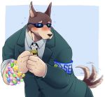  blush bracelet canid canine canis clothing dobermann domestic_dog eyewear glowing glowing_eyes higemoff jewelry male mammal necktie pinscher solo suit sunglasses tailwag tokyo_afterschool_summoners video_games xolotl 