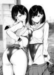  2girls ass asymmetrical_docking blush breast_press breasts comic gentsuki greyscale highleg highleg_swimsuit highres large_breasts licking_lips long_sleeves looking_at_viewer medium_breasts monochrome multiple_girls original parted_lips partially_visible_vulva sailor_collar school_uniform shirt short_hair siblings sisters skirt skirt_lift skirt_pull smile standing swimsuit thighhighs tongue tongue_out 