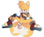  anal anal_penetration armwear balls blush canid canine clothed clothing cum cum_in_ass cum_inside digital_media_(artwork) elbow_gloves erection footwear fox fur gloves humanoid_penis male male/male mammal miles_prower multi_tail penetration penis r18 sex shoes smile sonic_(series) 