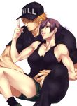  1boy 1girl armpit_peek asymmetrical_bangs bangs baseball_cap belt black_eyes black_hair black_headwear black_legwear black_pants black_shirt black_tank_top breasts canal001 collared_shirt green_footwear green_shorts hair_over_one_eye hat hataraku_saibou index_finger_raised killer_t_(hataraku_saibou) lips looking_at_another medium_breasts muscle nk_cell_(hataraku_saibou) orange_eyes orange_hair pants parted_lips shirt short_hair short_shorts shorts signature simple_background sitting sleeveless socks spiked_hair tank_top white_background 