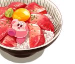  amedama_(akaki_4207) blush bowl egg_yolk food kirby kirby_(series) meat mouth_drool nintendo no_humans open_mouth oversized_food rice shadow 