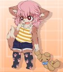  anthro blue_clothing blush bottomwear brown_fur canid canine clothing cub cute_fangs dipstick_tail ear_tuft front_view fur gloves_(marking) hair legwear mammal markings momo_(dagasi) multicolored_tail open_mouth pink_hair pink_tongue red_eyes rio_(artist) shorts stockings tan_fur teddy_bear tongue tuft yellow_clothing young 