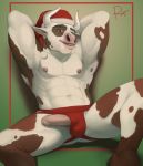  2018 abs anthro biceps biped bovid bovine brown_eyebrows brown_eyes brown_fur cattle christmas clothed clothing digital_media_(artwork) erection eyebrows front_view fur grayson_vickers green_background hands_behind_head hat headgear headwear hi_res holidays horn humanoid_penis jockstrap looking_at_viewer male mammal multicolored_fur muscular muscular_male navel nipples obliques pecs penis penis_through_leghole pink_nipples pink_penis poking_out precum red_clothing red_underwear rov santa_hat signature simple_background sitting smile solo topless two_tone_fur uncut underwear white_fur white_horn 