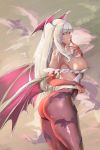  1girl absurdres alternate_color animal_print ass bare_shoulders bat_print breasts bridal_gauntlets cutesexyrobutts demon_girl demon_wings finger_to_mouth head_wings highres huge_filesize large_breasts long_hair looking_at_viewer looking_to_the_side low_wings morrigan_aensland nipple_slip nipples paid_reward patreon_reward red_sleeves signature silver_eyes solo standing succubus thick_thighs thighs vampire_(game) white_hair wings 
