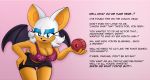  absurd_res big_breasts bottomwear breasts chiropteran cleavage clothed clothing darkman-zero dialogue english_text female hi_res looking_at_viewer mammal open_mouth rouge_the_bat shorts simple_background solo sonic_(series) tape text wings 